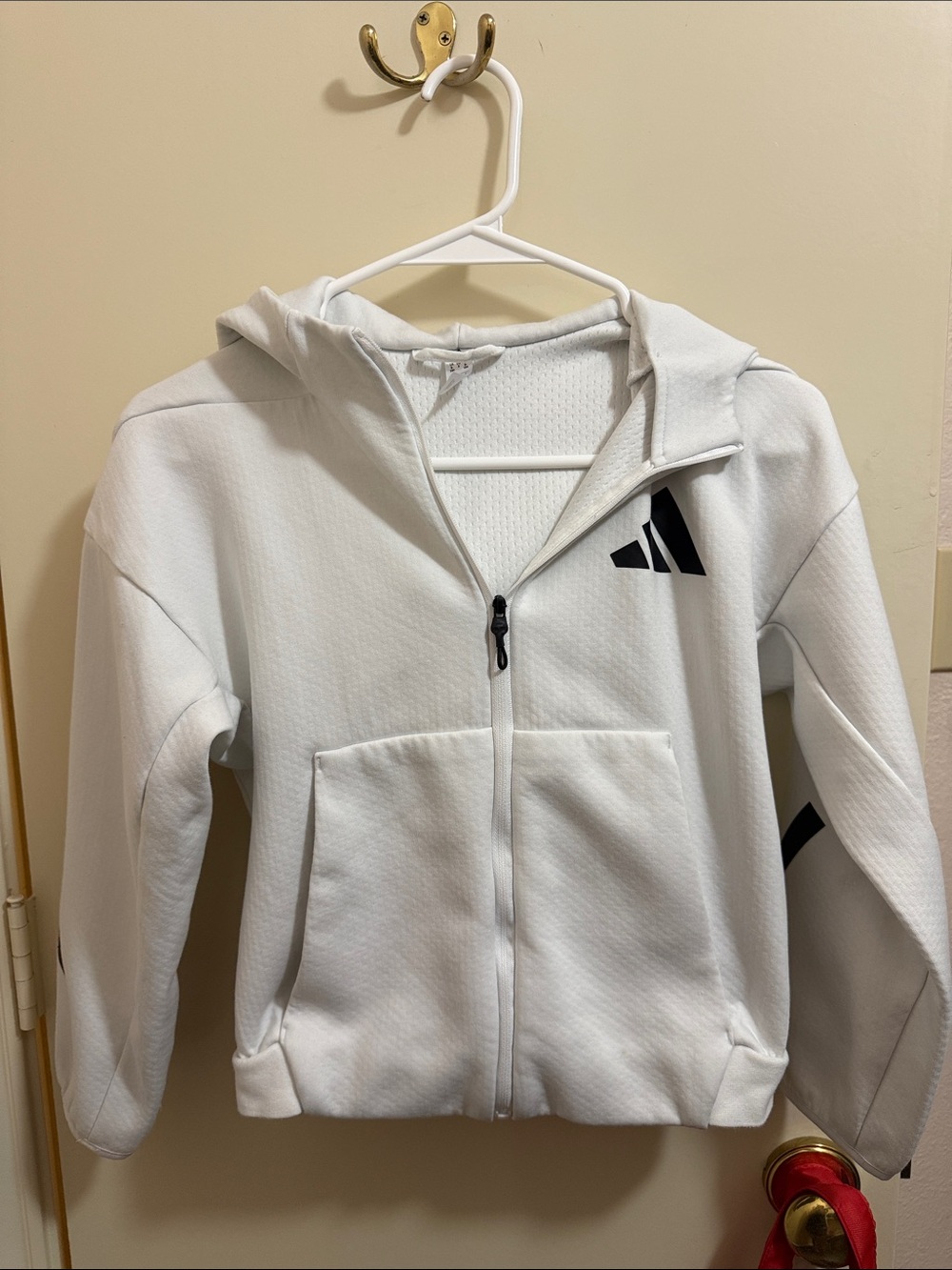 adidas White Kids Hooded Zip Puffer Jacket with Black Logo
